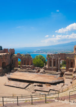 25113003 - greek theater in taormina with the etna volcano in the back in sicily, italy